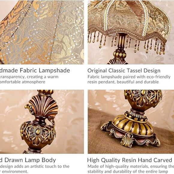 Traditional Victorian Table Lamp Brown Handmade Lace Fabric Lampshade European - Picture 3 of 4